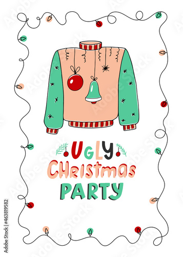 Ugly Christmas party vertical poster or card for invitation with sweater and garland. Vector illustration for holiday design