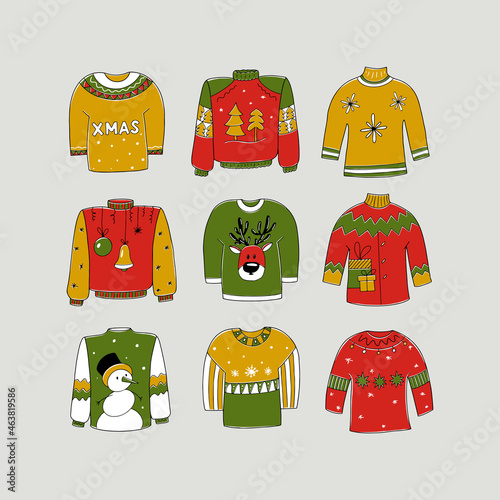 Ugly Christmas party sweater set, with elements isolated on white background. Vector illustration for holiday design