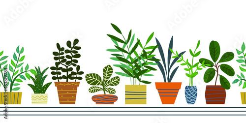 Seamless ribbon border with indoor plants. Vector illustration.