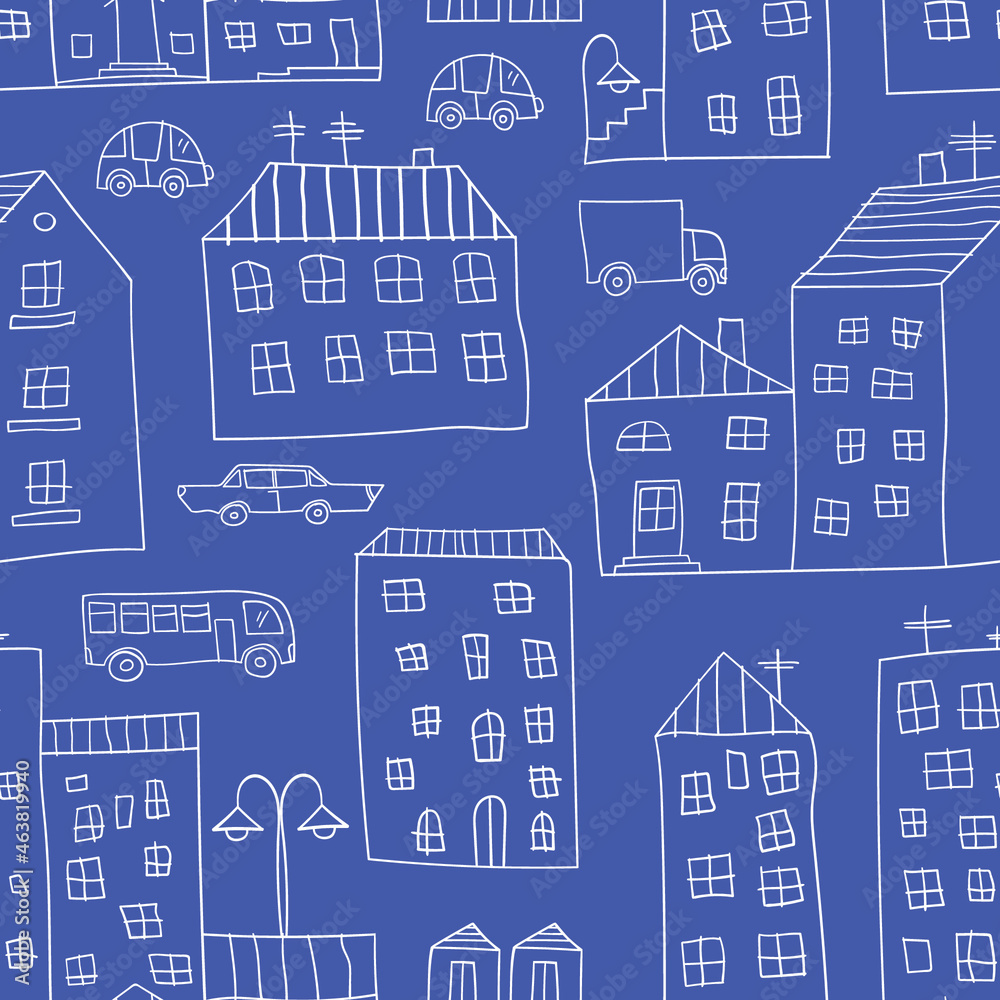 Cute cartoon city. Seamless vector pattern. Outline. Design for fabric, wallpaper for kids.