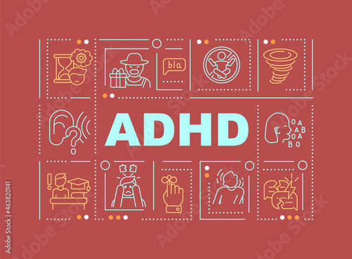 ADHD symptoms word concepts banner. Childhood mental disorder. Infographics with linear icons on red background. Isolated creative typography. Vector outline color illustration with text