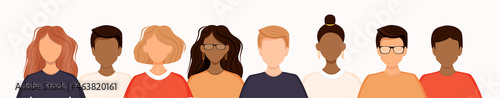 Crowd of diverse people isolated on a white background. Group of men and women stand in a row. Social diversity. Vector illustration in a flat style. No face.