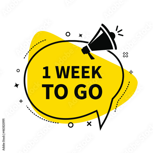 Male hand holding megaphone with 1 week to go speech bubble. Loudspeaker. Banner for business, marketing and advertising. Vector illustration.
