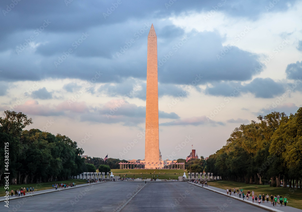 Washington Monument in Washington DC, United States. It’s is an obelisk on the National Mall in Washington, D.C. Reflection Pool has no water , It was drained