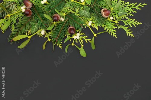 Natural winter flora with cedar, mistletoe, ivy leaves and acorns. Festive solstice pagan background border for the Christmas and New Year holiday season on dark grey. Flat lay, copy space. photo
