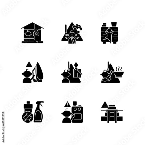 Kids injuries danger black glyph icons set on white space. Child safety at home. Prevent injuries and burns. Hazard situations for infants. Silhouette symbols. Vector isolated illustration