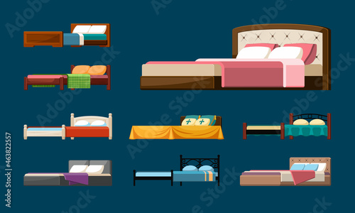 Colorful double beds set. Vintage bedding modern wood and metal materials for comfortable sleep renaissance decor with decoration pillows and elegant duvets. Comfort cartoon vector.