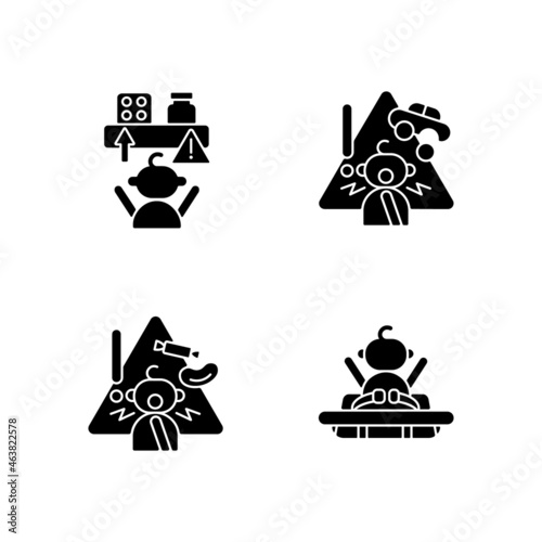 Poisoning and suffocation prevention black glyph icons set on white space. Choking hazard food and toys. Child safety at home. Accident precaution. Silhouette symbols. Vector isolated illustration