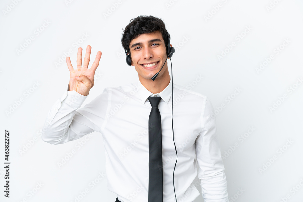 Telemarketer man working with a headset isolated on white background happy and counting four with fingers Telemarketer man working with a headset isolated on white background happy and counting four with fingers