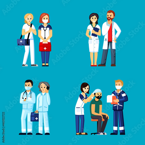 Emergency ambulance doctors set. Paramedic specialists in blue uniforms with masks and gowns healthcare resuscitation therapy service on call medical assistance to victims. Cartoon vector.