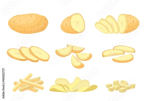 Diced and sliced potatoes set. Yellow vegetable for making chips and frying staple for agriculture round wedges for side dish and nutritious delicious diet. Vector cartoon harvest.
