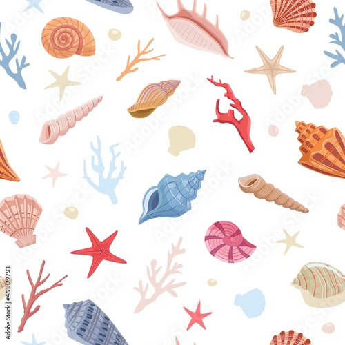 Seashells and corals seamless pattern. Bright twigs with colorful shells of molluscs decoration of interior and fashionable aquarium scallop of mollusks from ocean floor. Wildlife exotic vector.