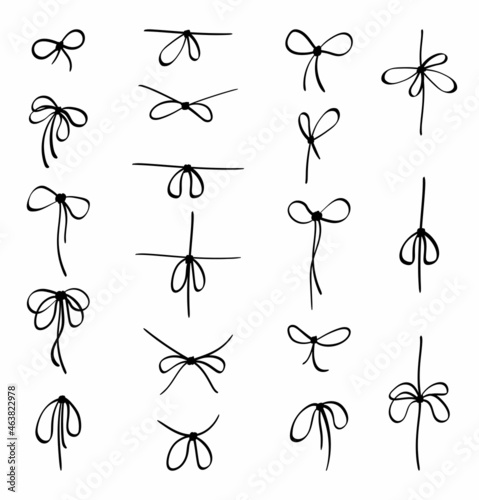 Knots and bows from threads set. Black collection of various loops for decorating gifts and festive events fancy jute braid with variety of tracery with decorative eights. Vector flat twine.