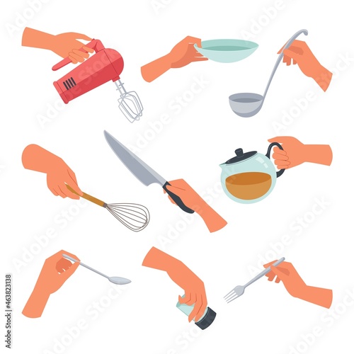Hands with kitchen appliances set. Cooking and slicing food with beating with mixer and hand whisk pouring freshly brewed coffee added sugar pouring soup into bowl with dish. Cartoon vector chef.