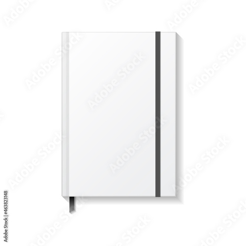 Blank white book or notebook with black elastic and ribbon bookmark top view mockup template.