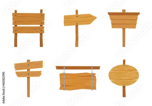 Wooden old pointers and plates set. Vintage banner billboards and bar names retro information billboard for trendy wild west saloon rustic roadside landmarks. Cartoon vector template.