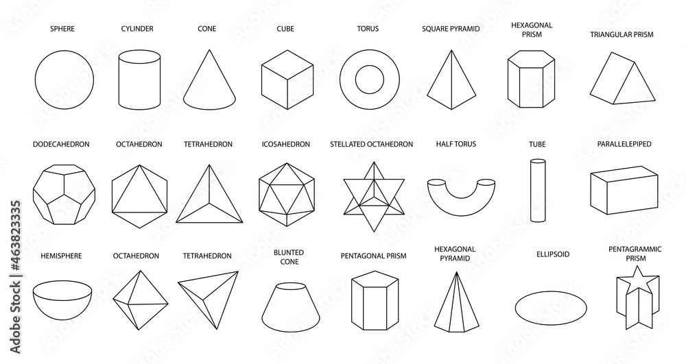 Set of linear black geometric shapes isolated on white background. Mathematics of a geometric figure, contour. Platonic solid. Icons, logo for education, business, design. Outline. Set of linear black geometric shapes isolated on white background. Mathematics of a geometric figure, contour. Platonic solid. Icons, logo for education, business, design. Outline.