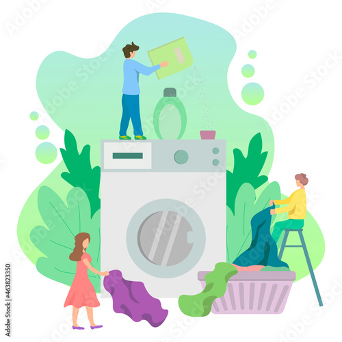 Laundry room with tiny characters loading a large washing machine, flat style design.