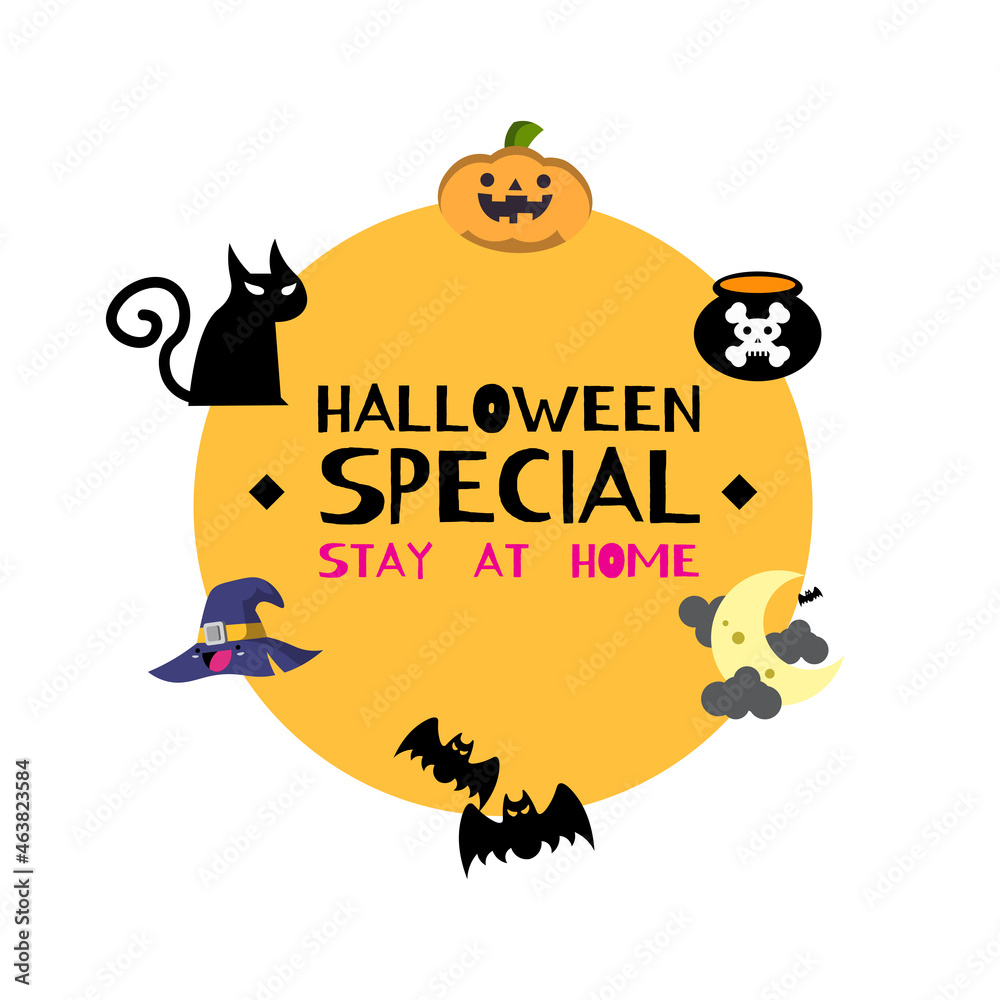 Halloween. Pumpkin, bat, castle silhouette with full moon background. vector illustration poster, flyer, instagram post.