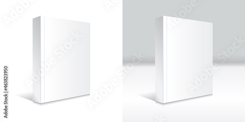 Blank white standing softcover book or magazine mockup template white and gray background. © Mockups Variety