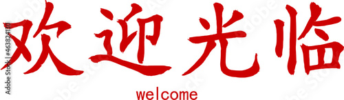 Hand lettering in Chinese (Mandarin). Hand-drawn hieroglyphs mean "welcome". Vector image. The ability to change to any size without loss of quality.
