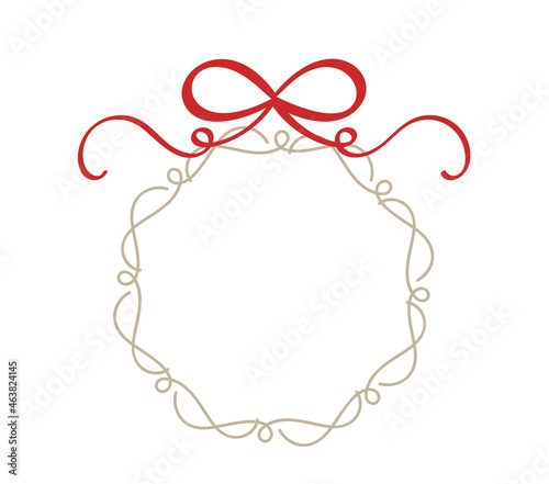 Vintage calligraphy round frame with red bow hand drawn circular wreaths, vector design elements with place for your text copy space