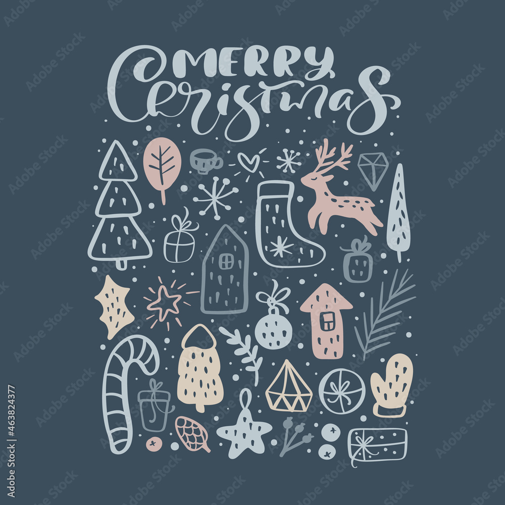 Merry Christmas vector calligraphic lettering text and xmas doodle scandinavian elements on dark background. Greeting card for winter holiday Happy New Year