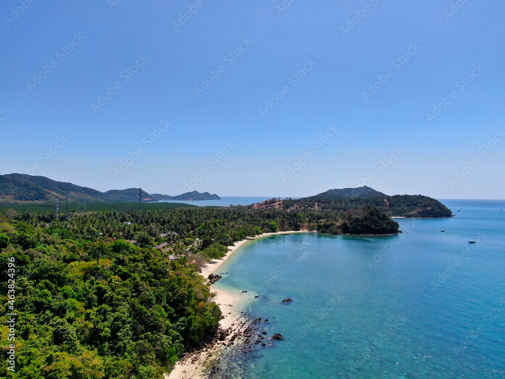 Aerial View With Drone. Beach in tropical paradise, Koh Yao Yai island in Phang-nga, Thailand. Landscape with tropical.