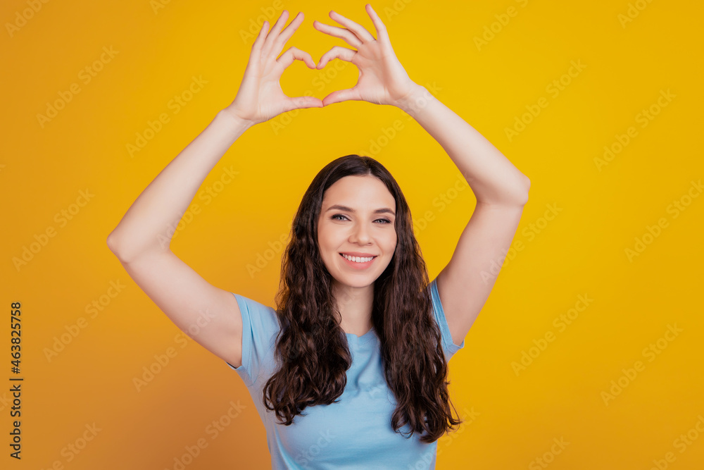 Close-up portrait of her she nice attractive dreamy pretty cute showing heart symbol sign isolated bright vivid color background Close-up portrait of her she nice attractive dreamy pretty cute showing heart symbol sign isolated bright vivid color background