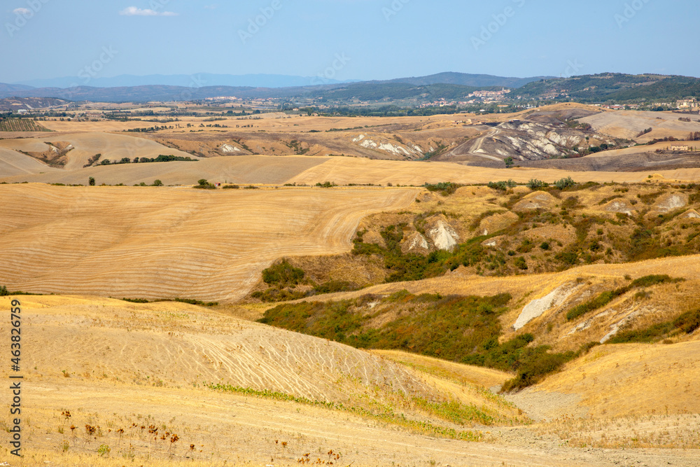 Naklejka premium Asciano (SI), Italy - August 02, 2021: Typical scenary of Crete Senesi, Asciano, Siena, Tuscany, Italy