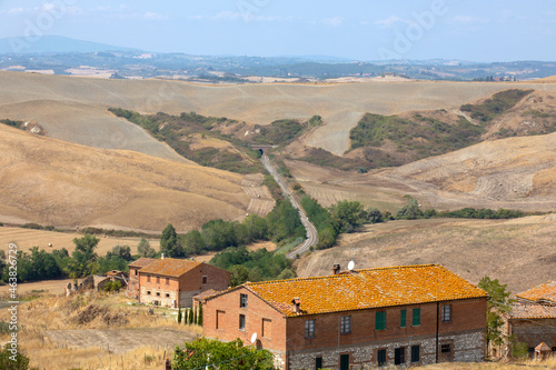 Asciano (SI), Italy - August 02, 2021: Typical scenary of Crete Senesi, Asciano, Siena, Tuscany, Italy photo