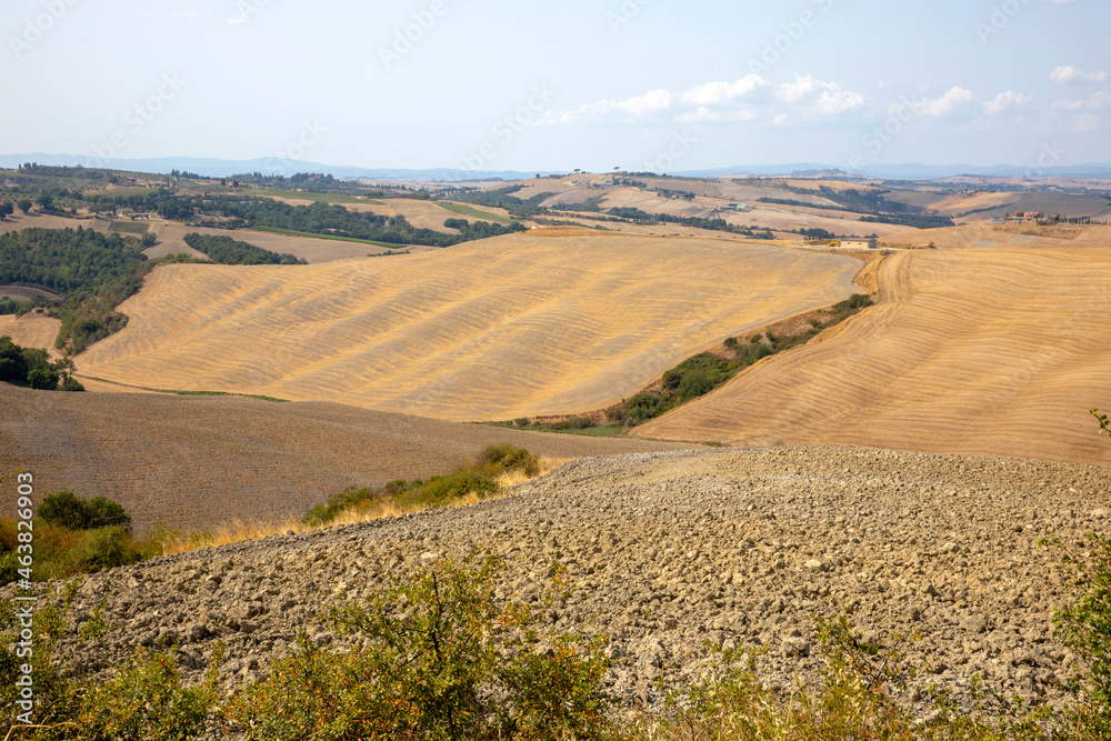 Asciano (SI), Italy - August 02, 2021: Typical scenary of Crete Senesi, Asciano, Siena, Tuscany, Italy