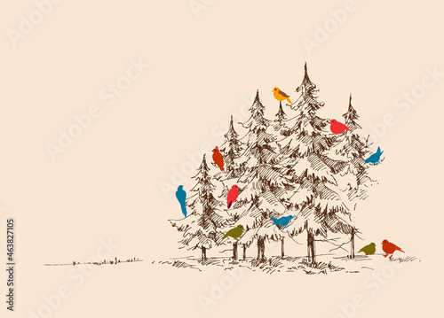 Birds decorating Christmas trees. Christmas eve in nature background