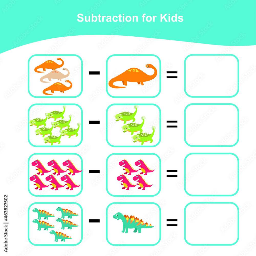 Counting math game for preschool children. Subtraction math games with Dino theme. Educational printable math worksheet. Vector illustration.