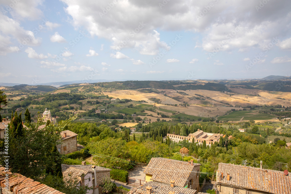 Montepulciano (SI), Italy - August 02, 2021: View of the hills from Montepulciano town, Tuscany, Italy