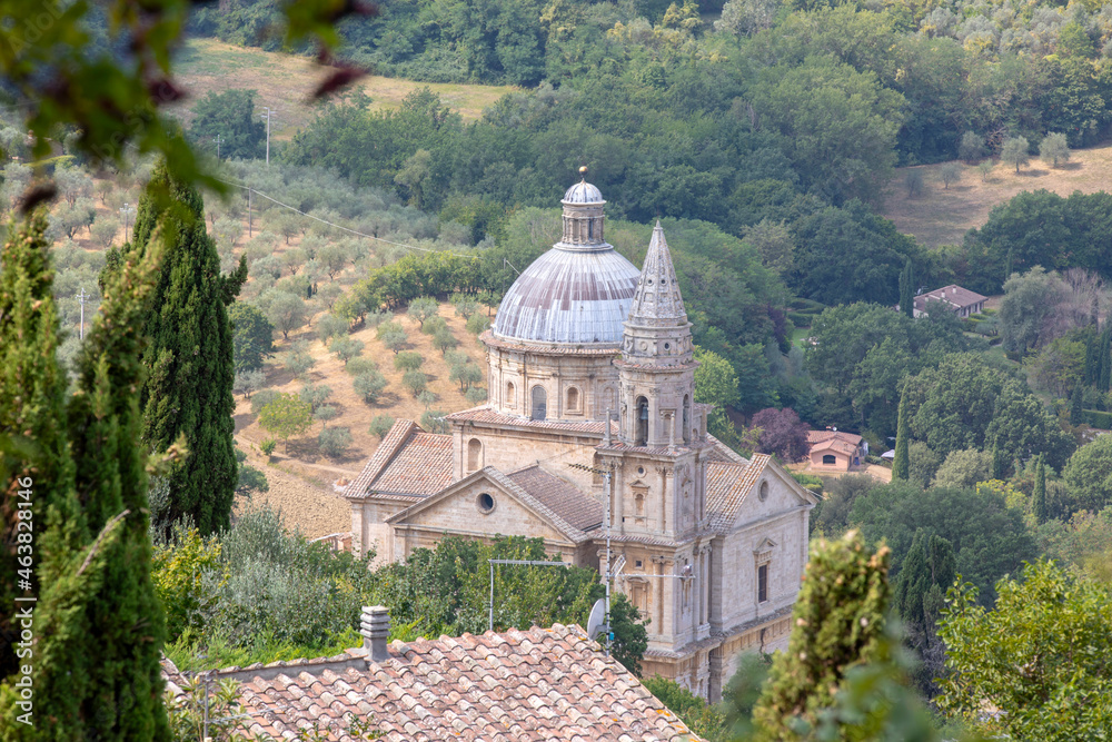 Montepulciano (SI), Italy - August 02, 2021: View of Saint Biagio temple from Montepulciano town, Tuscany, Italy