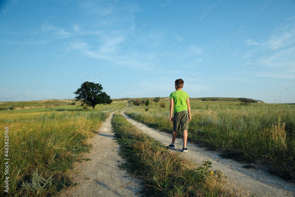 Boy walk among filds and hills and  looking something by the hand and points to the sky into the distance, standing on the big road