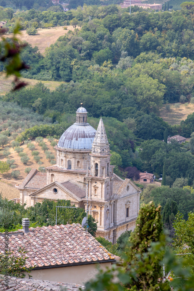 Montepulciano (SI), Italy - August 02, 2021: View of Saint Biagio temple from Montepulciano town, Tuscany, Italy
