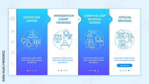 Deportation process onboarding vector template. Responsive mobile website with icons. Web page walkthrough 4 step screens. Official removal case color concept with linear illustrations