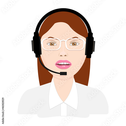 Call center woman operator wearing eyeglasses with headset. Vector illustration