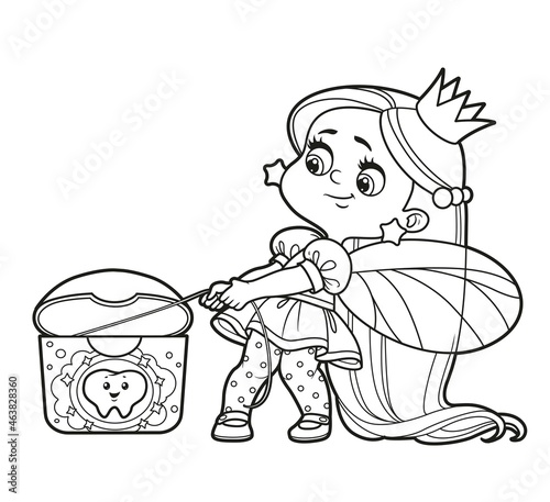 Cute fairy girl pulls the floss out of the package with an effort  outlined for coloring on a white background