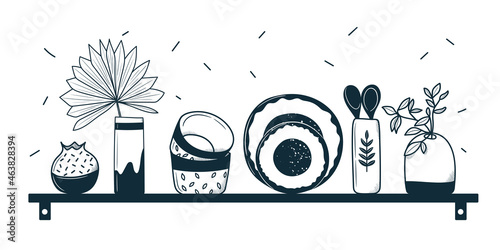 Kitchen utensils on the shelf. Decorative ceramic or retro style tableware. vector illustration in doodle style