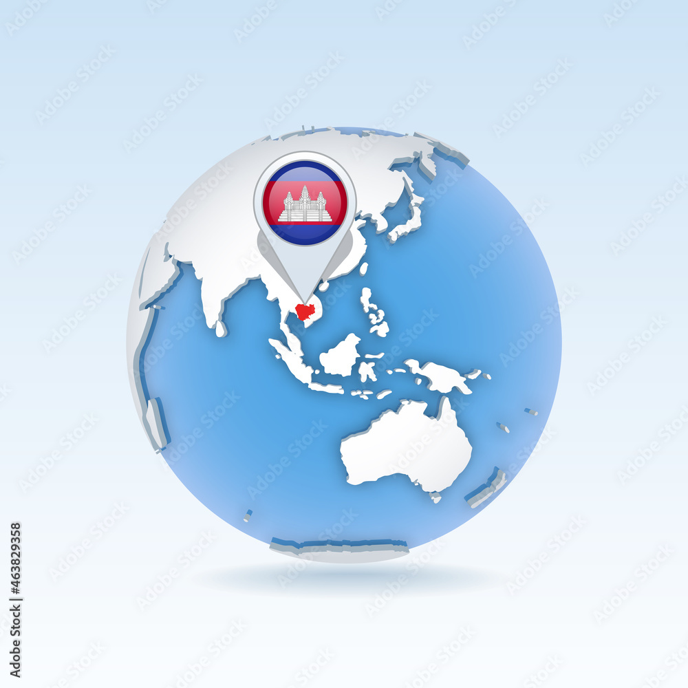 Cambodia - country map and flag located on globe, world map. Cambodia - country map and flag located on globe, world map.