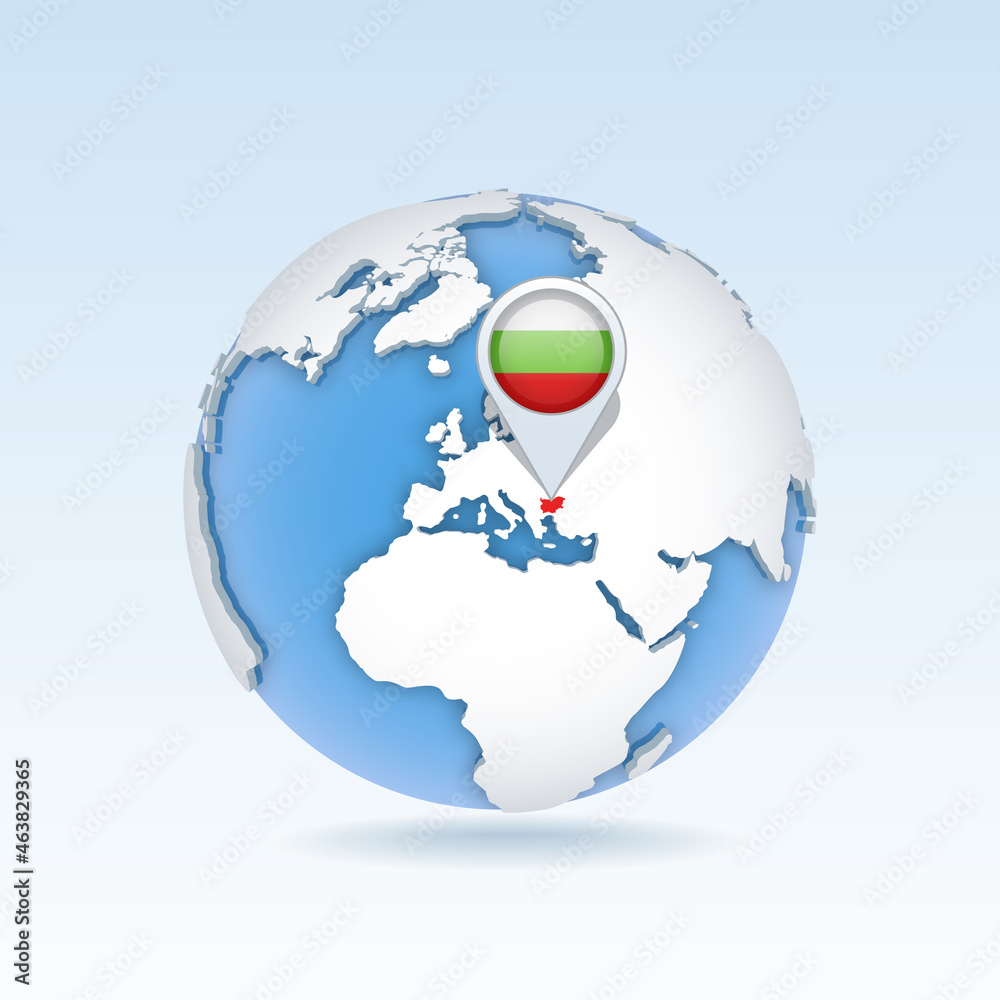 Bulgaria - country map and flag located on globe, world map. Bulgaria - country map and flag located on globe, world map.