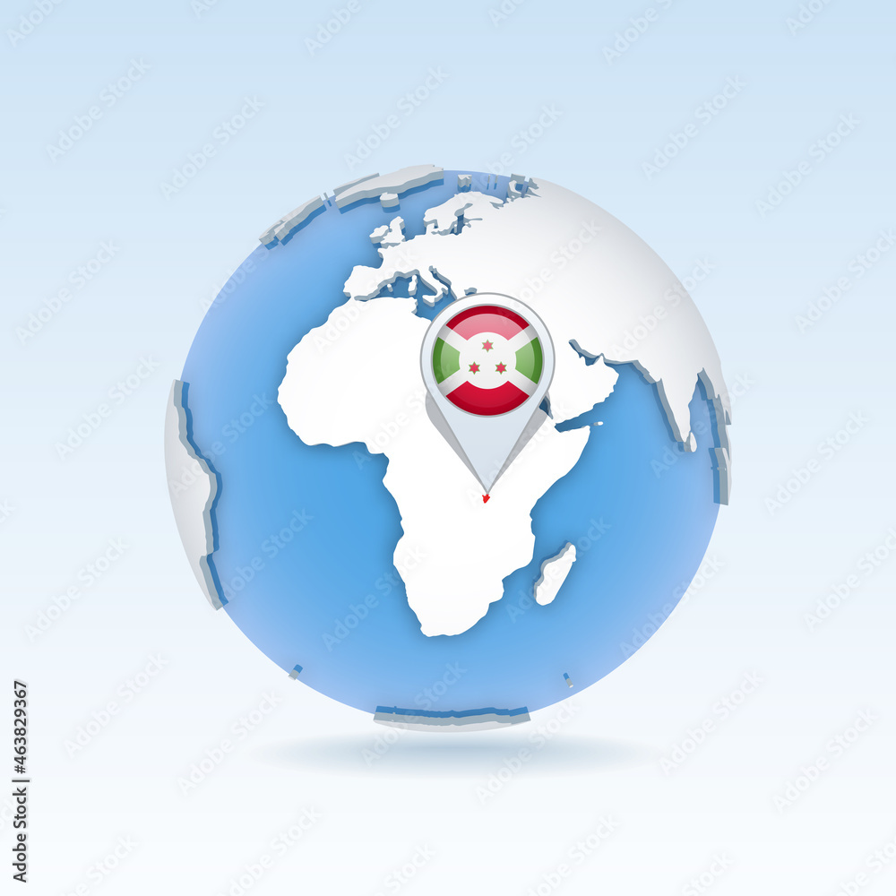 Burundi - country map and flag located on globe, world map. Burundi - country map and flag located on globe, world map.