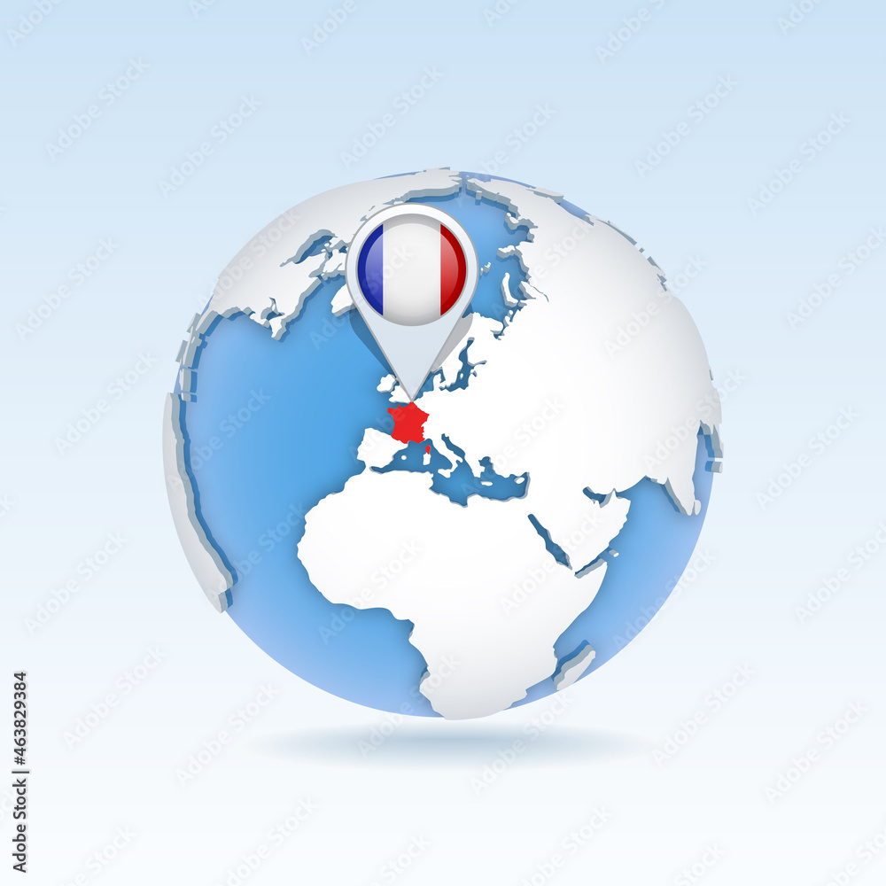 France - country map and flag located on globe, world map. France - country map and flag located on globe, world map.