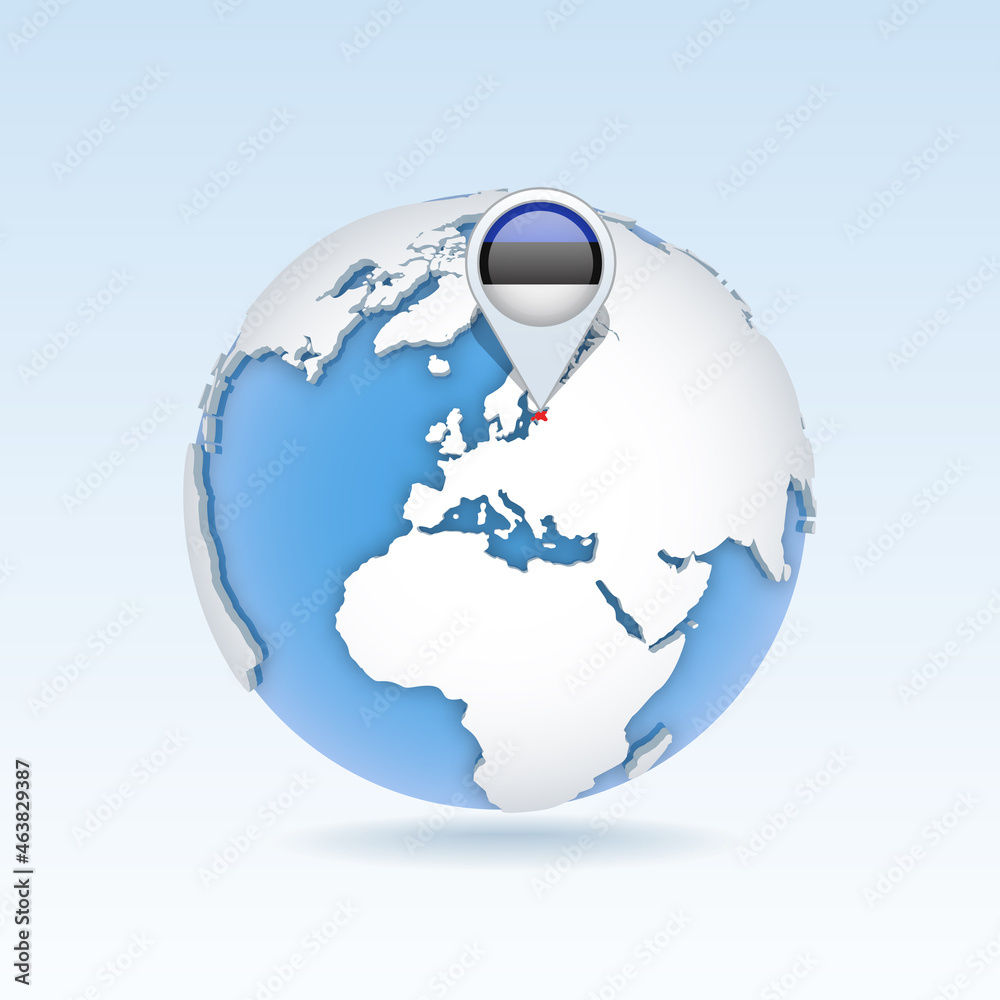 Estonia - country map and flag located on globe, world map. Estonia - country map and flag located on globe, world map.