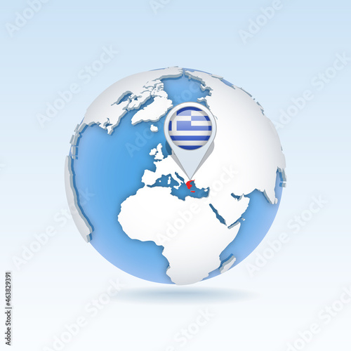 Greece - country map and flag located on globe, world map.