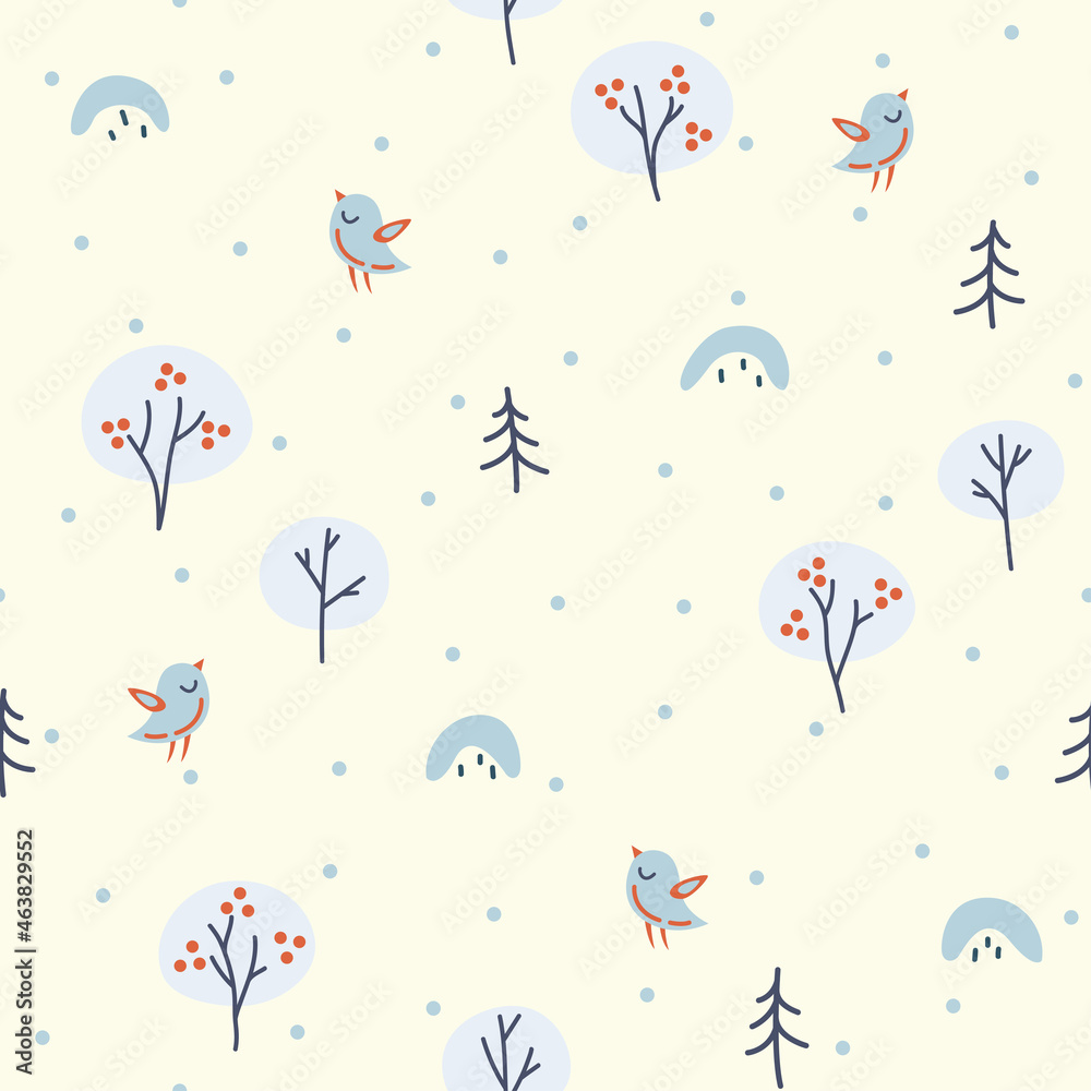 Winter landscape seamless pattern with bullfinches and mountain ash. Wrapping paper design for winter holidays.