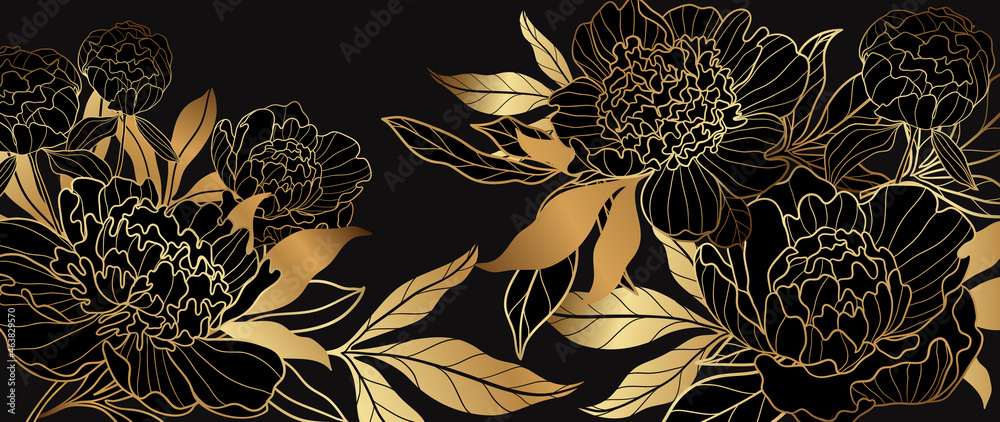 Luxury gold floral background vector. Golden gradient Roses and peonies flower line art wallpaper design for prints, cover, wall arts, greeting card, wedding cards, invitation. - obrazy, fototapety, plakaty 